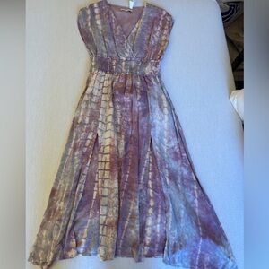 Moodie Purple and Cream Tie Dye Cinch Midi Dress